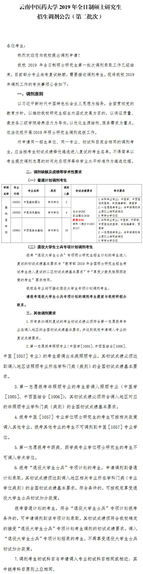 云南中医药大学全日制硕士研究生招生调剂公告